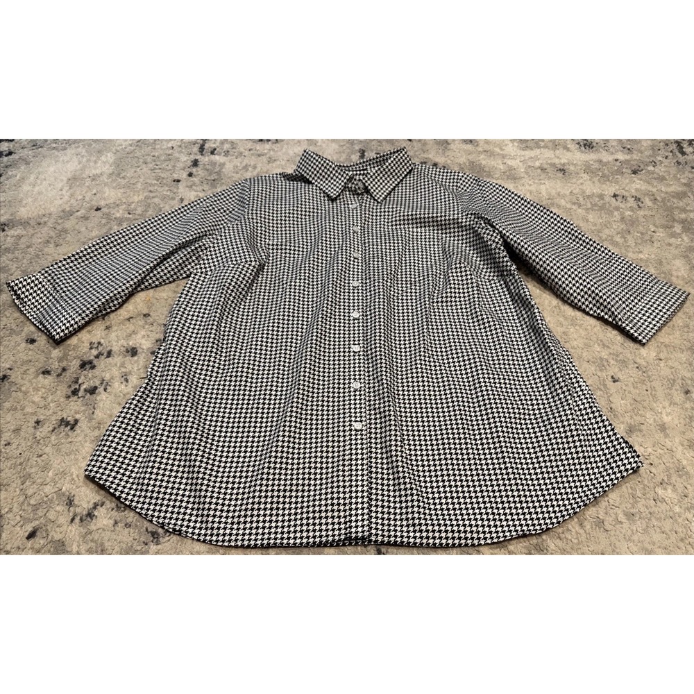 LANDS END Womens Plus Sz 18W Black White Check Button Wrinkle Free 3/4 Sleeve